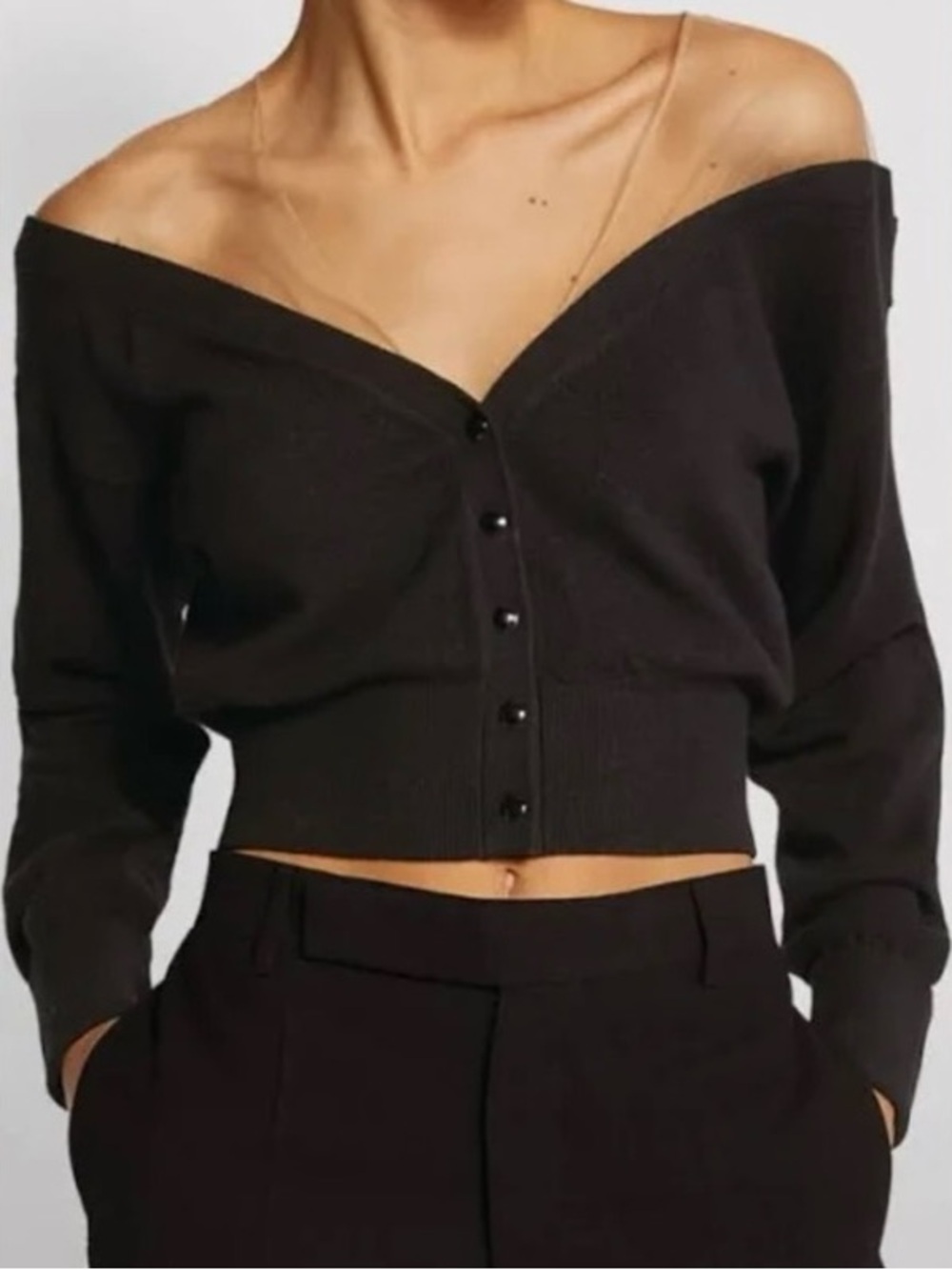 Alexander Wang Black Off-Shoulder Cropped Button Cardigan